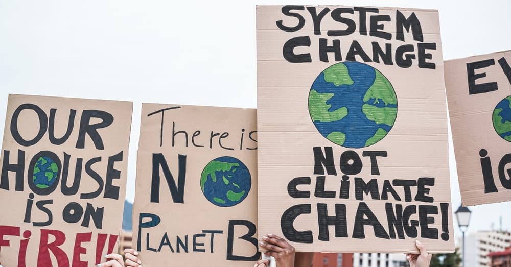 in primo piano cartelli manifestazione per il clima